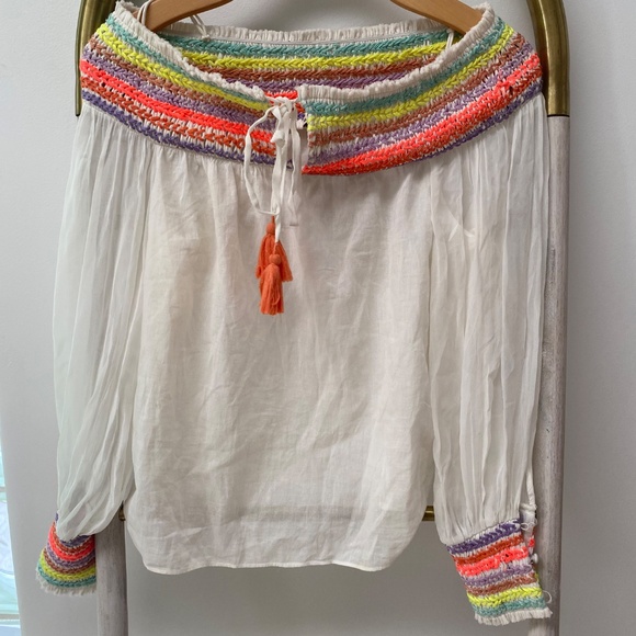 Alice + Olivia Sharyl Rainbow Peasant Embroidered Blouse Off Shldr Top XS $395 - Picture 6 of 12